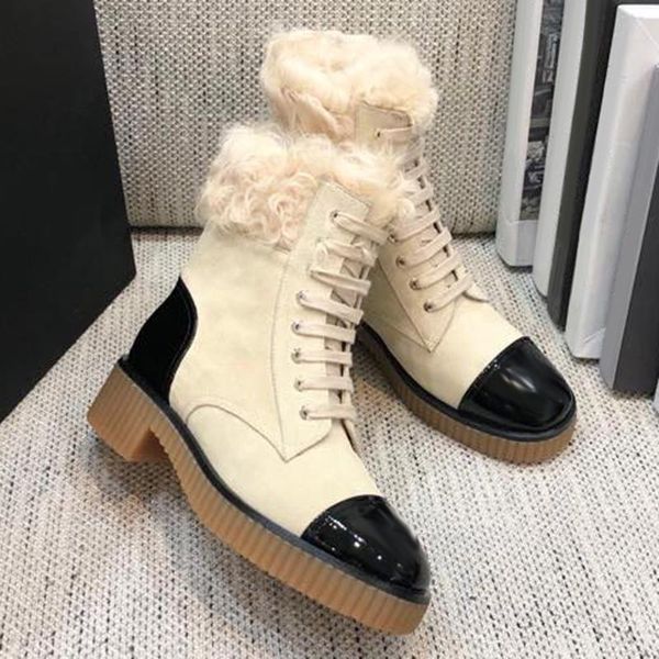 

boots prowow patchwork square heels winter brand design plush leather women shoes casual ankle lace-up female, Black