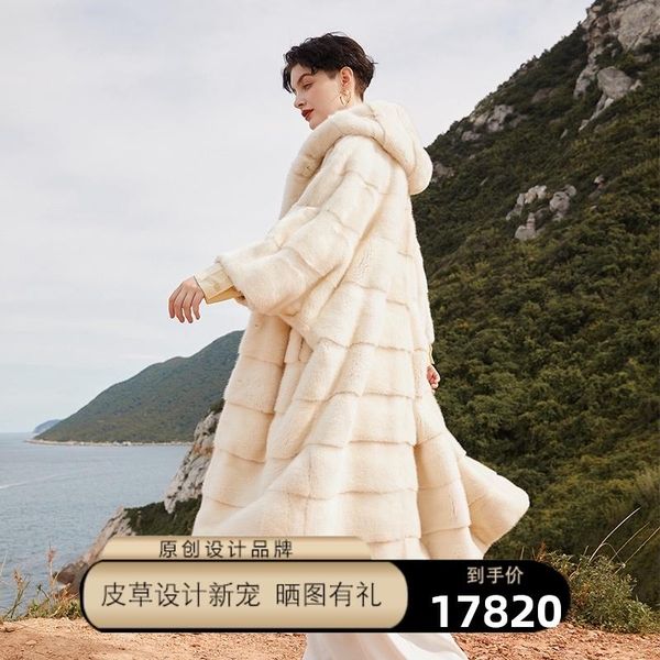 

women's fur & faux besfunny2021 long velvet hooded mink bat sleeve coat over the knee, Black