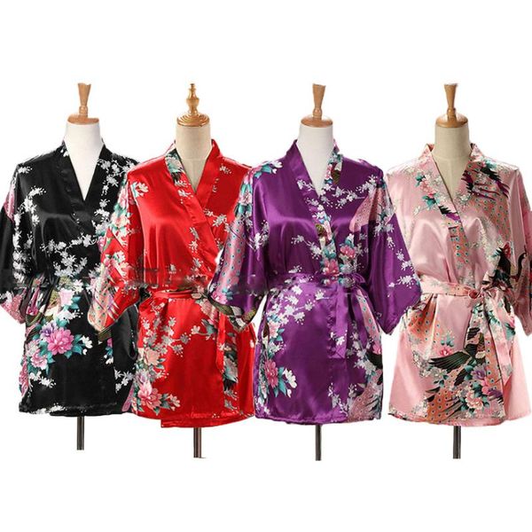 

women's sleepwear lace up woman peacock print japanese kimono yukata silk satin short style home nightgown bath robe costume, Black;red