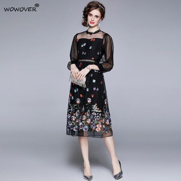 

casual dresses autumn fashion lantern sleeve floral embroidery mesh dress for women vestidos mujer verano 2021 transparent party robe, Black;gray