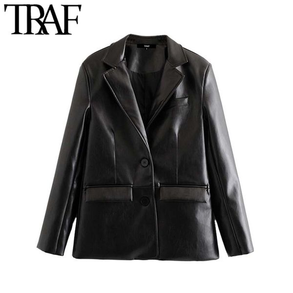 

traf women vintage stylish pu faux leather pocket blazer coat fashion notched collar long sleeve female outerwear chic 210415, Black;brown