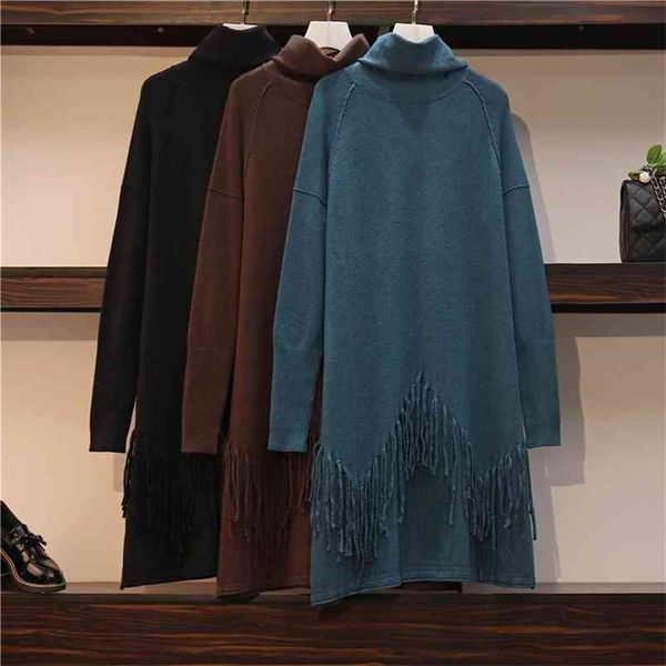 

plus size women fall winter knit dress tassels turtleneck oversized loose thick tassel midi sweater vestidos female gx1220 210506, Black;gray