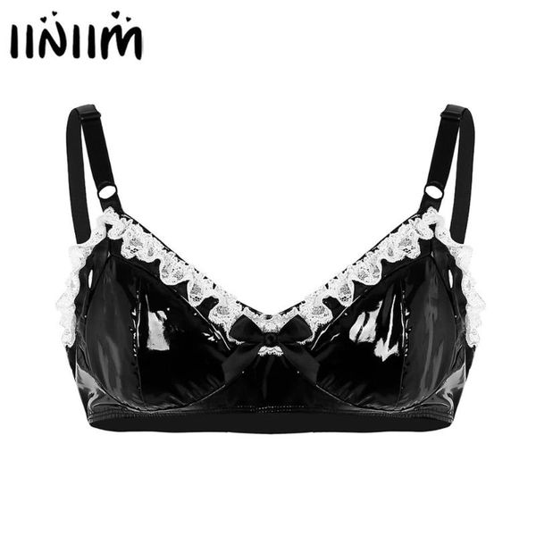 

bras iiniim sissy gay mens exotic tanks lingerie lover evening clubwear costumes lace with bowknot wetlook latex bra top, Red;black