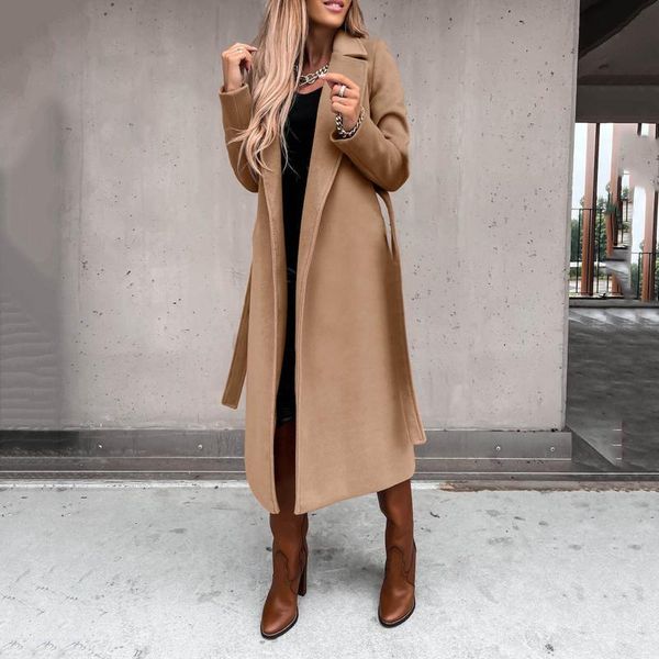 

women's jackets casual loose blend wool long overcoat 2021 winter bandage belted outwear women elegant sleeve cardigan, Black;brown