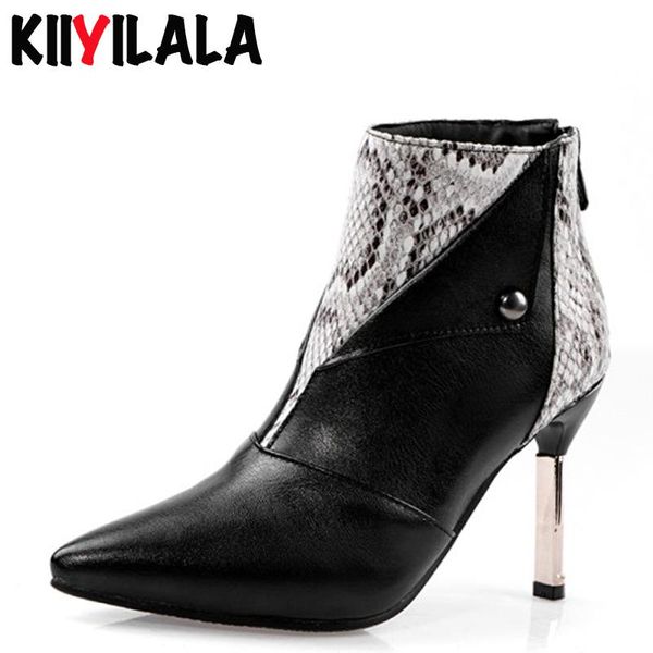 

boots kiiyilala spike high heel with back zipper pointed toe ankle for women shoes pump snake print booties 2021, Black