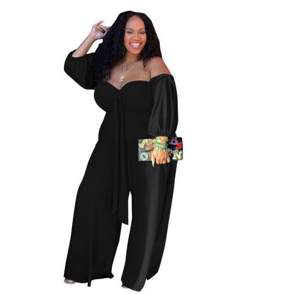 

plus size pants summer 2021 arrival solid chiffon loose large off shoulder wide leg jumpsuit romper women casual overalls, Black