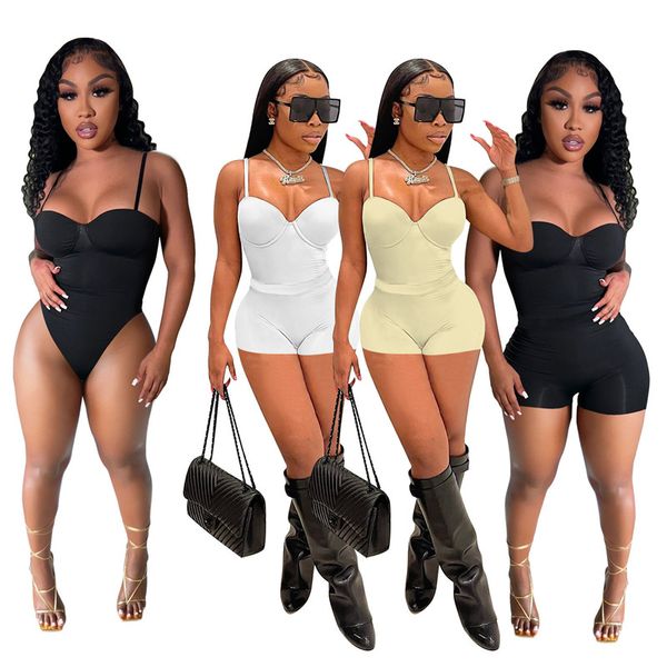 

5sets bulk wholesale jumpsuits women 2 piece set rompers+shorts spaghetti straps solid sleeveless nightclub playsuits 7072, Black;white