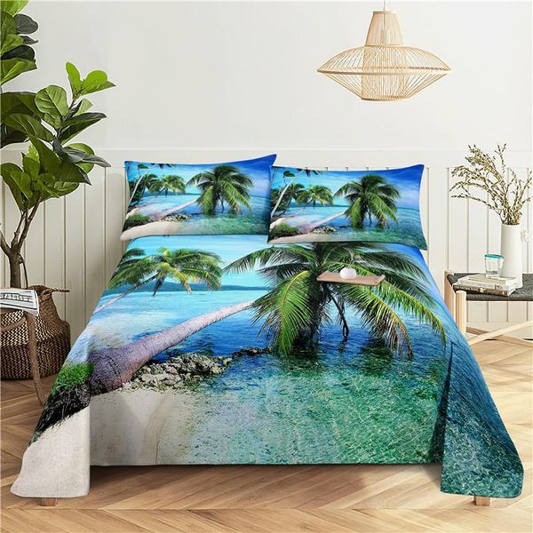 

sheets & sets coconut tree beach 0.9/1.2/1.5/1.8/2.0m digital printing polyester bed flat sheet with case print bedding set