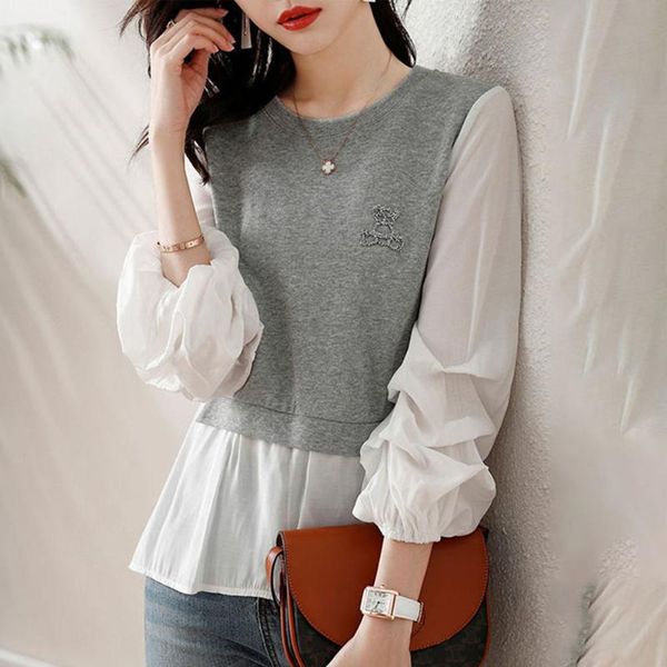 

women's blouses & shirts 2021 blouse autumn style patchwork round neck temperament korean fashion chiffon mesh office lady clothing, White