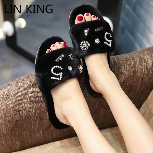 

big size women slippers winter shoes home warm plush indoor fluffy anti skid flats floor slides for female, Black