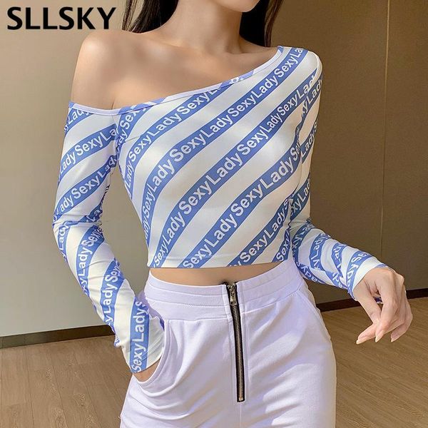 

women's t-shirt sllsky oblique shoulder letter printing women 2021 summer slim short stripe streetwear bottoming female shirt, White