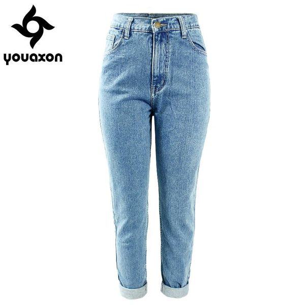 

youaxon women`s plus size high waist washed light blue true denim pants boyfriend jean femme for women jeans women's