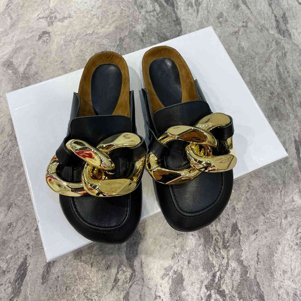 

ladies slippers sandals gold chain mules shoes for women thick-soled comfortable casual half lofers zapatos mujer 60% off store online, Black