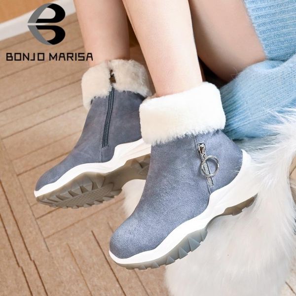 

bonjomarisa cow suede genuine leather round toe female snowboots wedges zipper thick fur winter boots women casual shoes woman f3i2, Black