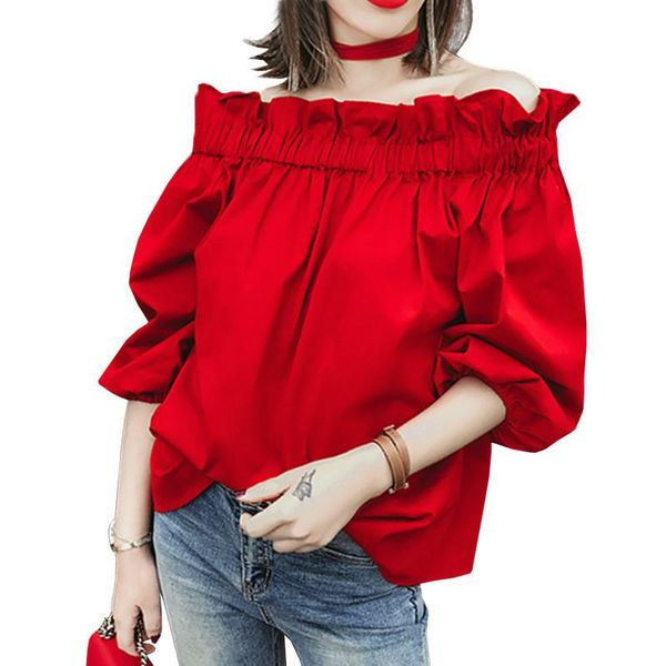 

women's blouses & shirts off shoulder women spring fashion casual slash neck blouse white black red lantern sleeve loose ruffle womens