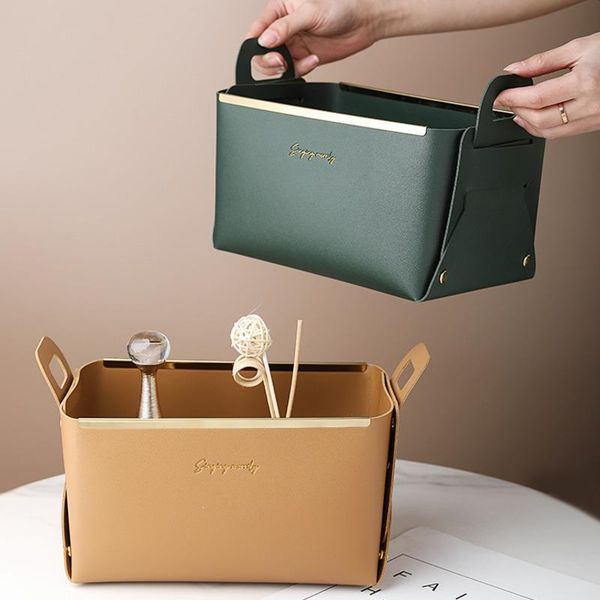 

storage baskets nordic leather desksundries box folding cosmetic make up organizer bag portable basket with handle