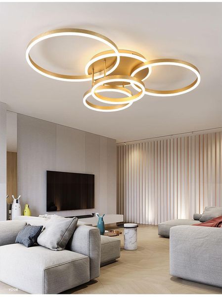 Pendelleuchten Kreative Ring Deckenleuchte Gold Weiß Moderne LED Kronleuchter Beleuchtung für Wohnzimmer Dimmbar Innen