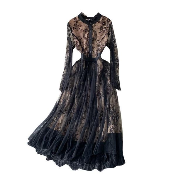 

casual dresses 2021 autumn product fashion slim lace dress mid-length mesh gauze hollow crochet high-quality skirt women, Black;gray