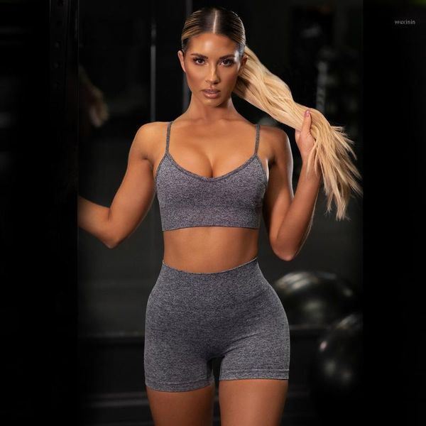 

yoga outfit 2021 women's sling shockproof gathered running sports bra fitness set suit high waist shorts
