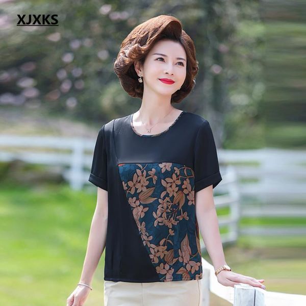 

women's t-shirt xjxks round neck short-sleeved women chiffon 2021 summer loose plus size comfortable and cool, White