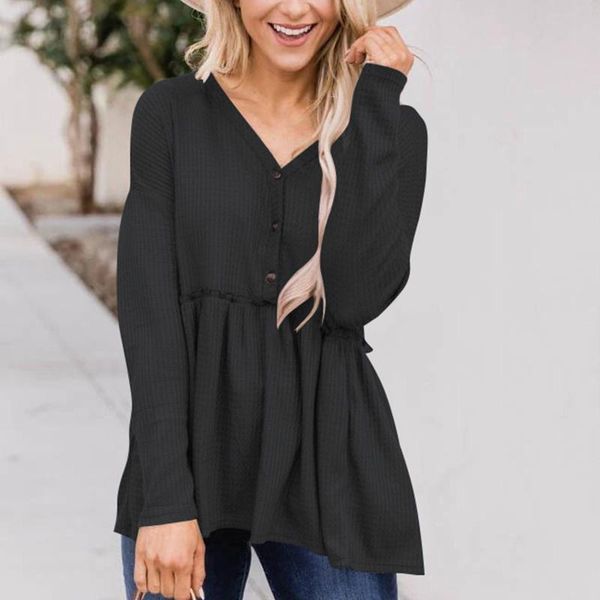 

women's blouses & shirts elegant loose blouse women v-neck solid long-sleeve summer shirt stitching buttons streetwear tee, White