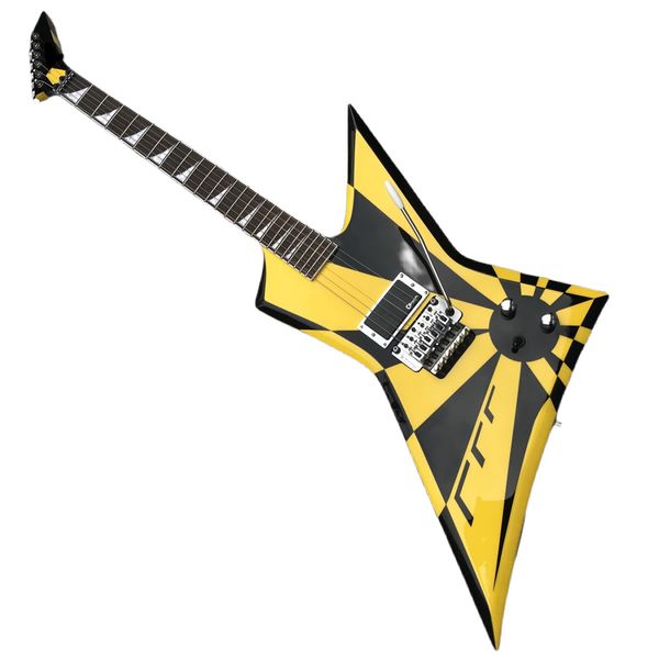 Val Michael Sweet Flying V Stryper Black Yellow Stripe E-Gitarre Floyd Rose Tremolo Bridge, Whammy Bar, China EMG Pickup, Chrom-Hardware, Triangle Pearl Inlay