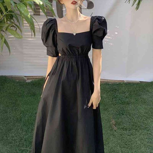 

french vintage dress women casual puff sleeve one piece dress korean gothic bandage midi black female evening party chic, Black;gray