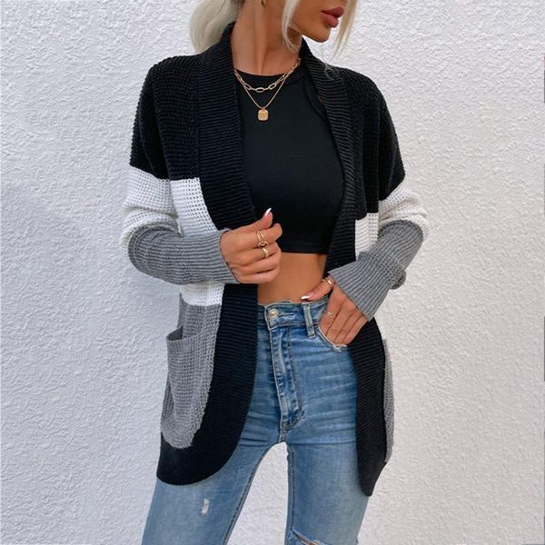 

women's knits & tees splicing style knit cardigans sweater women v neck loose elegaht thicked pull femme casual coat outerwear #t3g, White