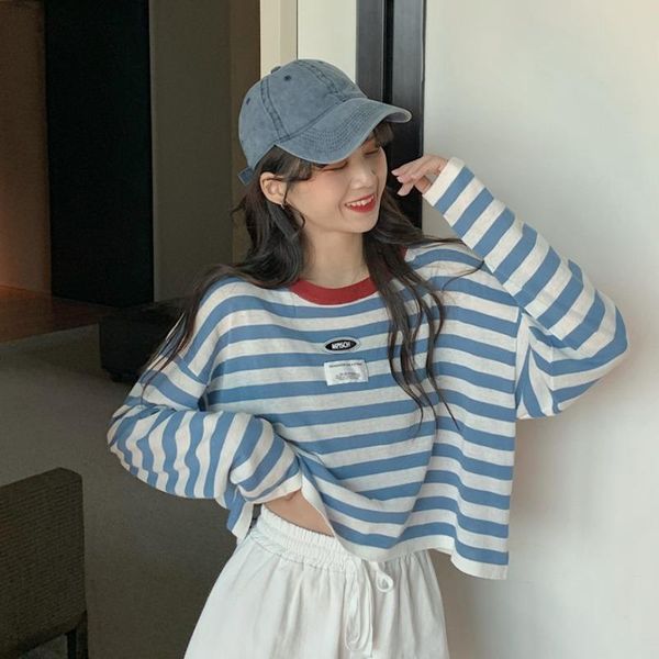 

women's t-shirt summer thin striped o-neck long sleeve t-shirts korean style loose ice silk knitted fashion brand clothing, White