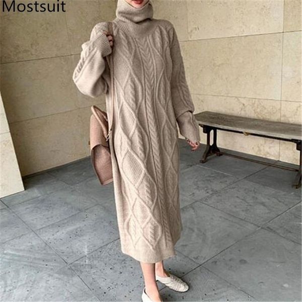 

twisted knitted women sweater long dress autumn winter full sleeve turtleneck loose straight dresses casual ladies vestidos 210518, Black;gray