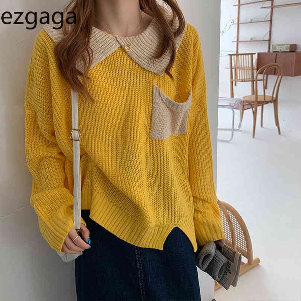 Ezgaga Peter Pan Kragen Patchwork Pullover Pullover Frauen Kontrast Taschen Süße Mädchen Lose Outwear Damen Tops Koreanische Jumper 210430