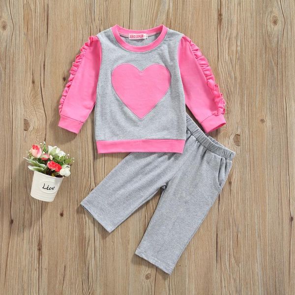 

clothing sets baby girl's casual outfits girls heart pattern long sleeve round neck ruffle pullover solid color pants with pockets, White