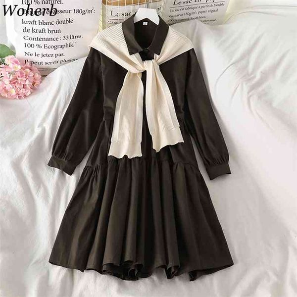 

spring two pieces set women knitted cape + longsleeve shirt mini pleated dress korean chic girls casual outfits 210519, Black;gray