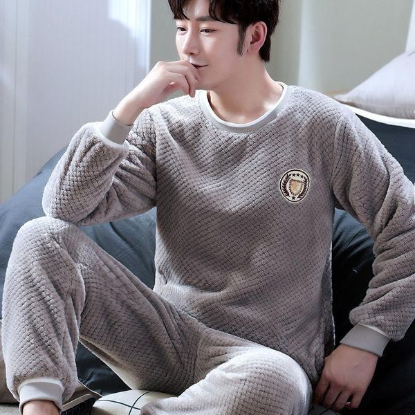 

men's sleepwear male pajamas suits sleep sets coral fleece nightgown casual home wear 2pcs shirt&pants lounge lingerie nightwear, Black;brown