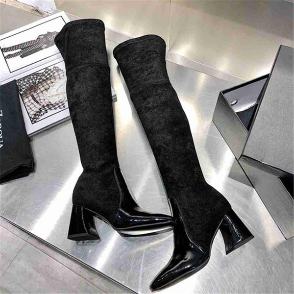 

boots women square head thin bottom tapered heel shoe suede over the knee genuine leather shoes keep warm in autumn winter, Black