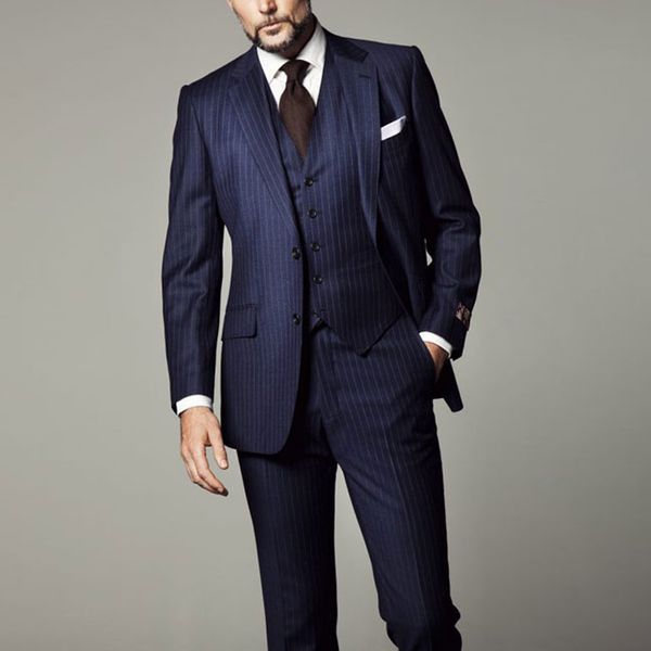 

men's suits & blazers navy blue striped formal for dinner party business wedding groom tuxedo 3 piece jacket with vest pants latest des, White;black