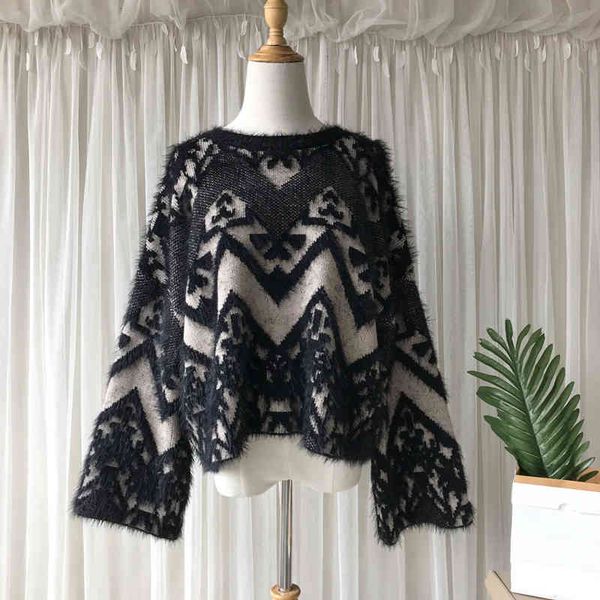 

women's sweaters [ewq] autumn casual pullover knitting ladies retro lazy mink velvet loose 1 short sweater women 16q382 85dy, White;black