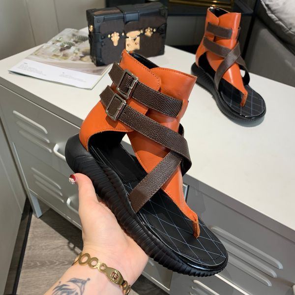 

designer famous brand fashion womens sandals clip foot herringbone slippers summer roman style open toe thick bottom flat heel leather size, Black