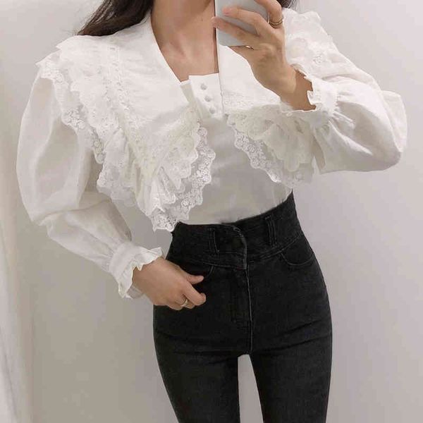 Nuovo arrivo top eleganti camicia da donna pizzo cuciture manica lanterna colletto bambola stile coreano allentato 210412