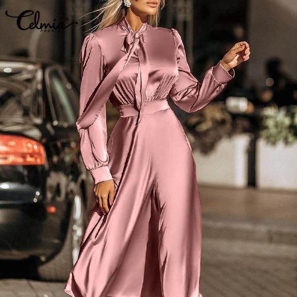 

casual dresses celmia sheath satin silk long dress bow tie sleeve strappy maxi sundress women wrap kleid 2021 elegant lady vestidos, Black;gray