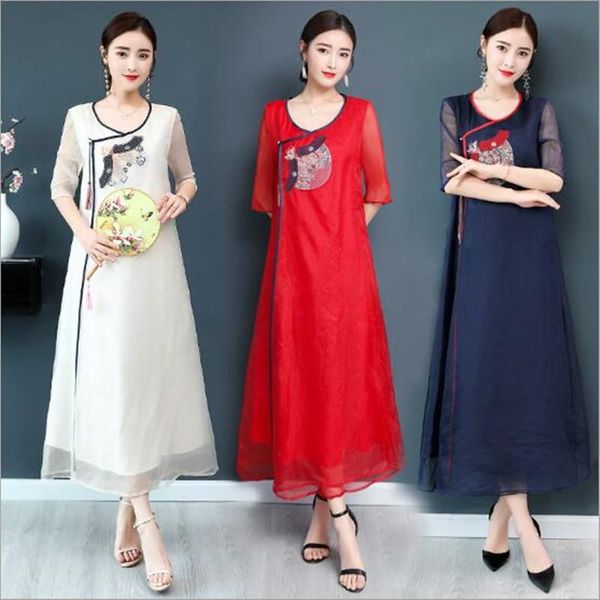 

skirts plus size silk chinese retro skirt women summer navy blue floral embroidery long robe elegant noble large 3xl 4xl qc11, Black