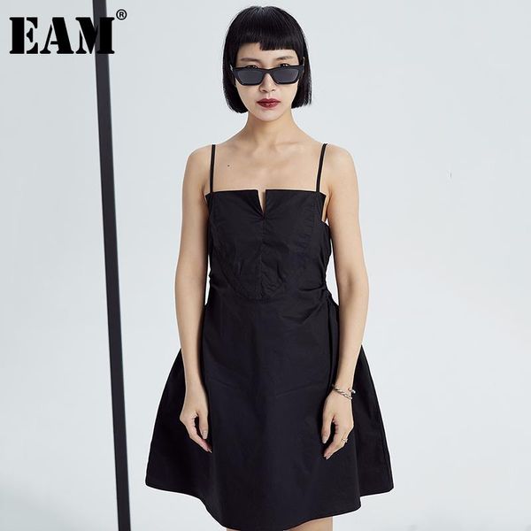 

casual dresses [eam] women black pleated waist hollow out spaghetti strap dress sleeveless loose fit fashion spring summer 2021 1dd9908, Black;gray