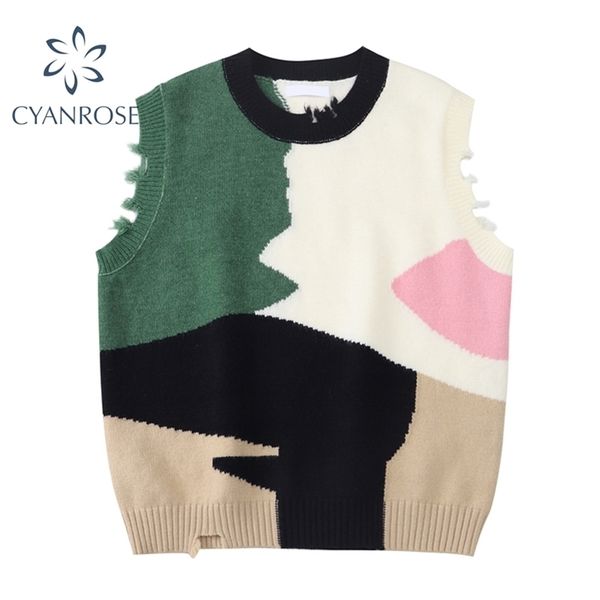 

pullover sleevless sweater and knitted vest women korean irregular spliced contrast color design spring jumper 210515, White;black