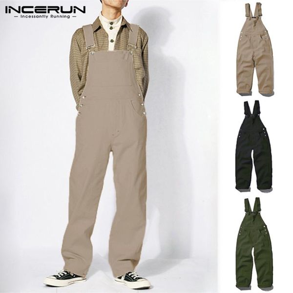 

men's pants incerun 2021 jumpsuit solid color versatile tool straight straw loose fashion romper overalls streetwear, Black