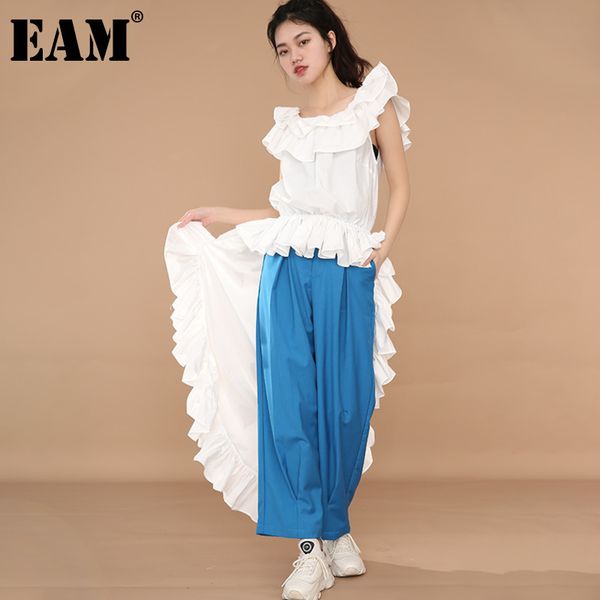 

[eam] women white ruffles back long blouse slash neck short sleeve loose fit shirt fashion spring summer wg86200l 210512