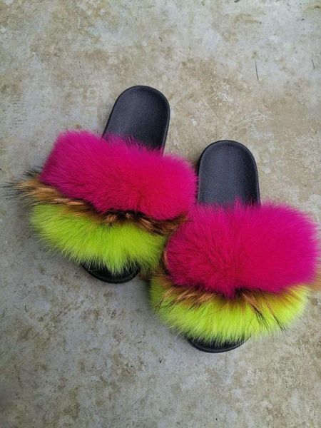 

slippers fluffy soft real fur colorful for women, Black