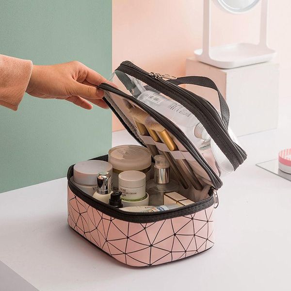 

storage bags fashion women see through double layer travel cosmetic makeup wash box