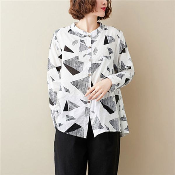 

women's blouses & shirts spring autumn fashion women clothing big size geometry print cotton linen loose femme long sleeve vintage, White