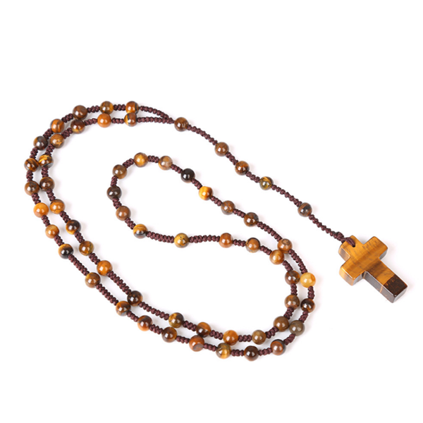 

pendant necklaces fyjs unique handmade weave tiger eye stone cross green aventurine necklace with round beads chain jewelry, Silver