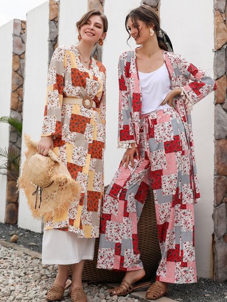 

1pc floral & paisley print longline kimono a4op#, White;black